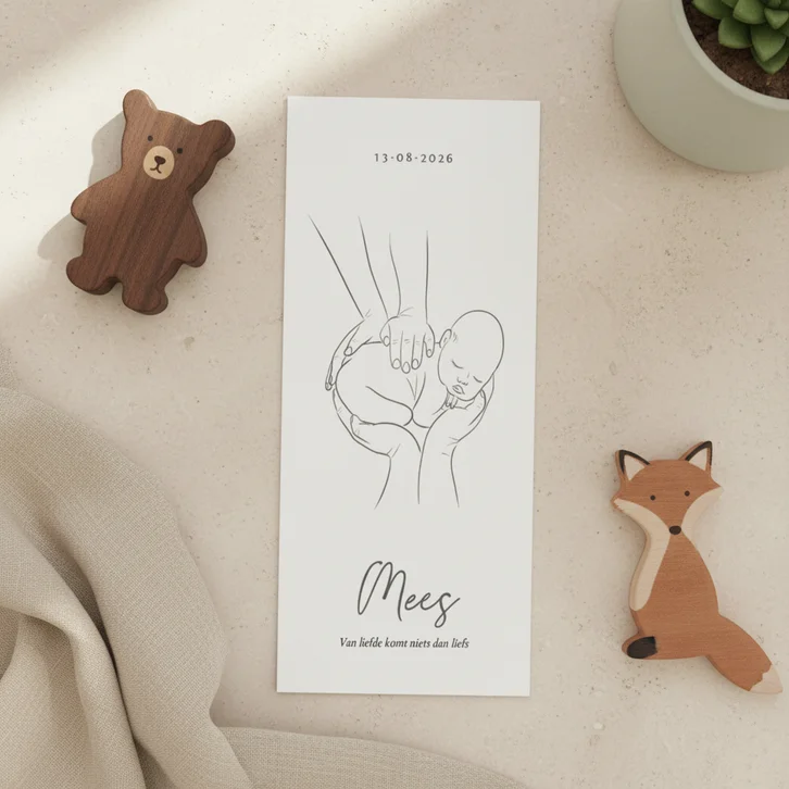 Lief geboortekaartje lijntekening kindje handen ouders