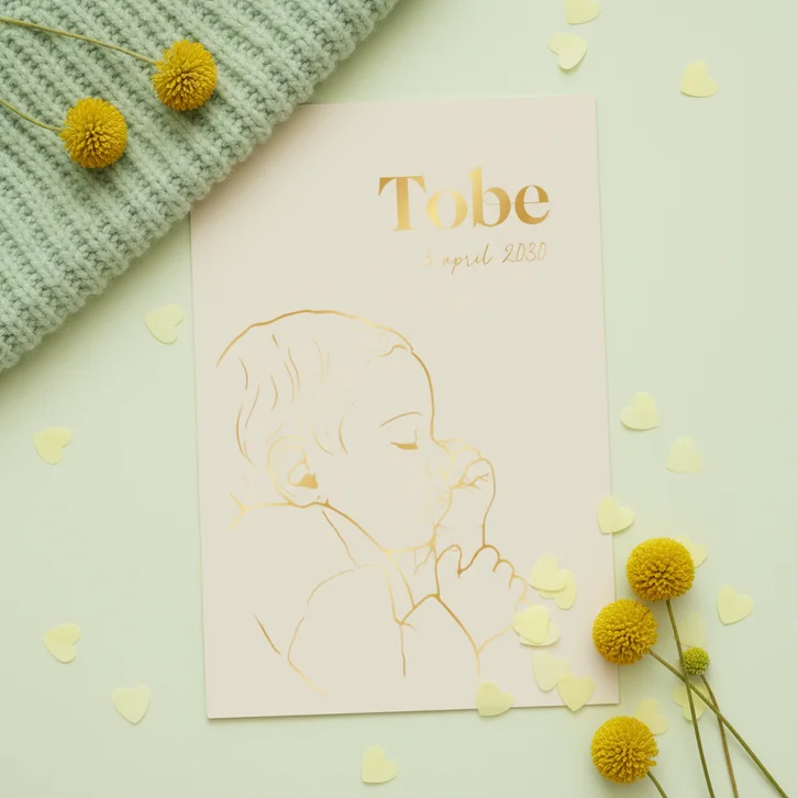 Lief geboortekaartje lijntekening slapende baby – goudfolie