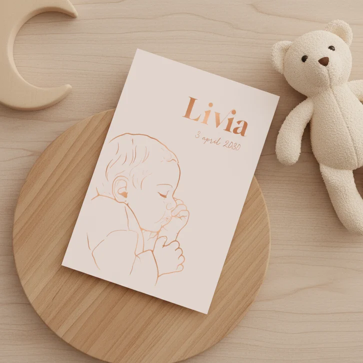 Lief geboortekaartje lijntekening slapende baby – koperfolie