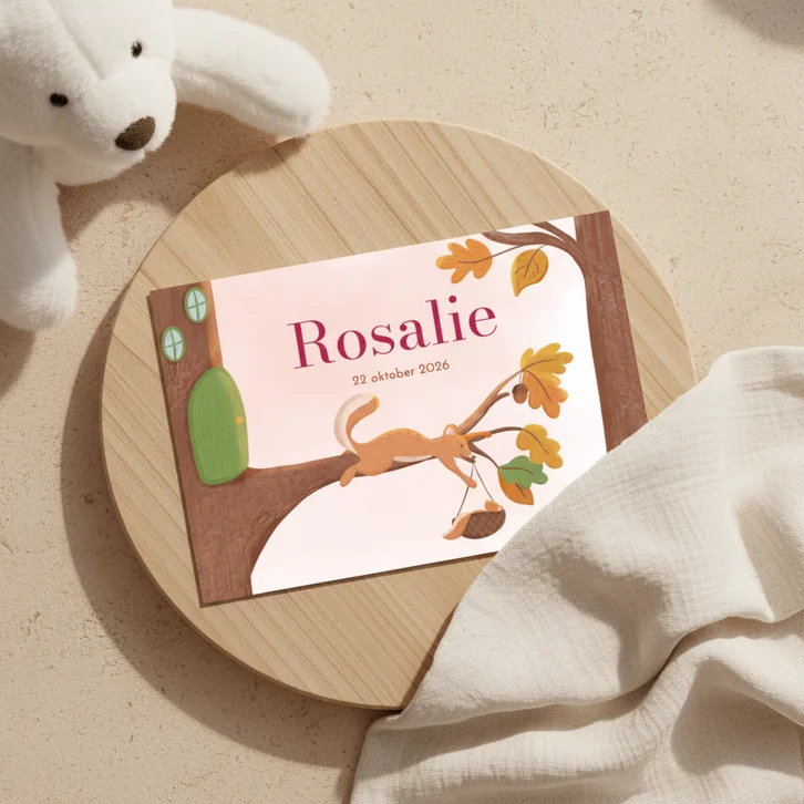  Lief geboortekaartje meisje eekhoorn met baby in herfst