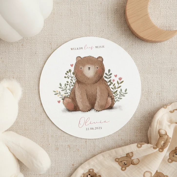 Lief geboortekaartje meisje met beer plantjes en hartjes