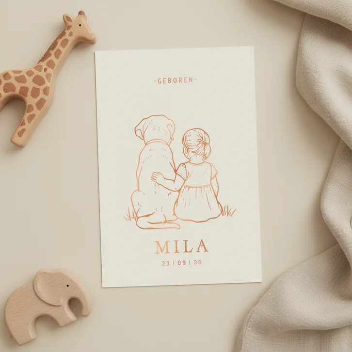 Lief geboortekaartje meisje met hond – koperfolie