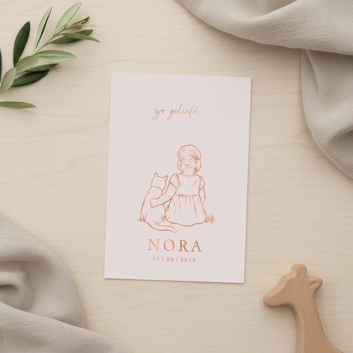 Lief geboortekaartje meisje met poes – koperfolie