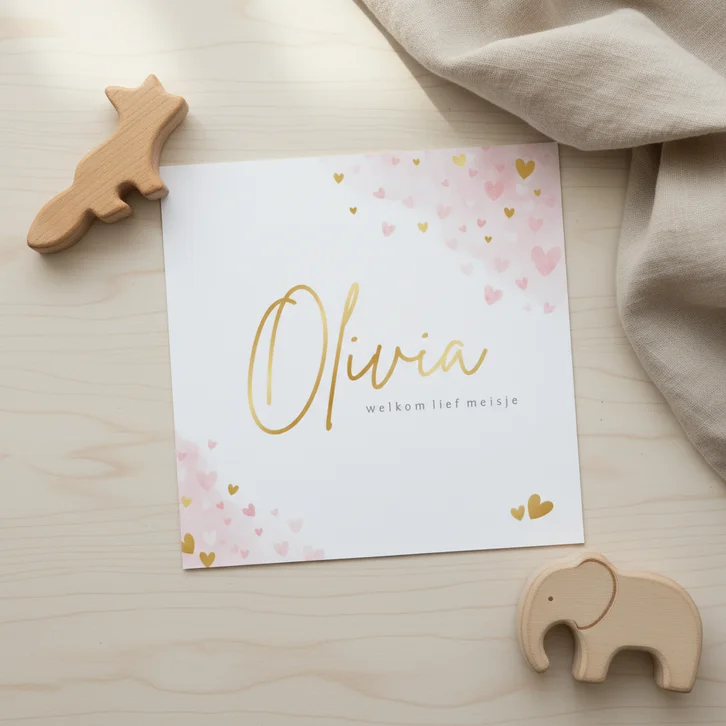 Lief geboortekaartje meisje met roze en gouden hartjes 