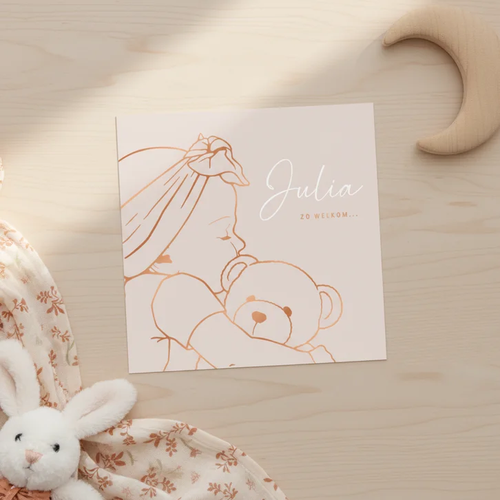 Lief geboortekaartje meisje met teddybeer - koperfolie