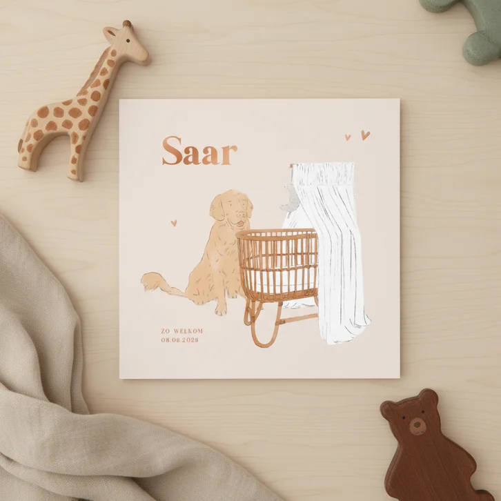 Lief geboortekaartje meisje wieg en hond illustratie roze