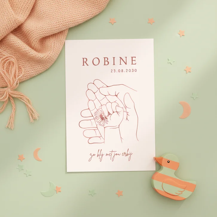 Lief geboortekaartje met babyhandje en bloemetje – koperlook