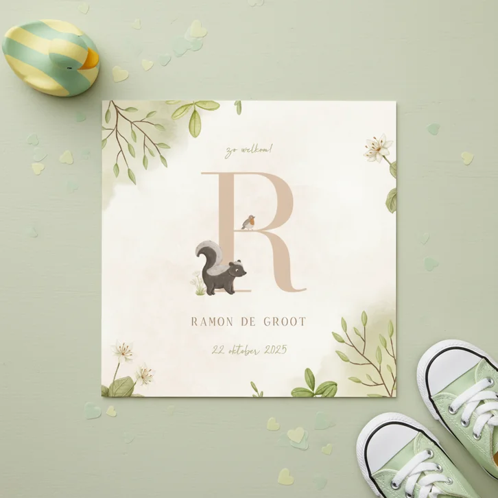 Lief geboortekaartje met dierenletter en waterverf