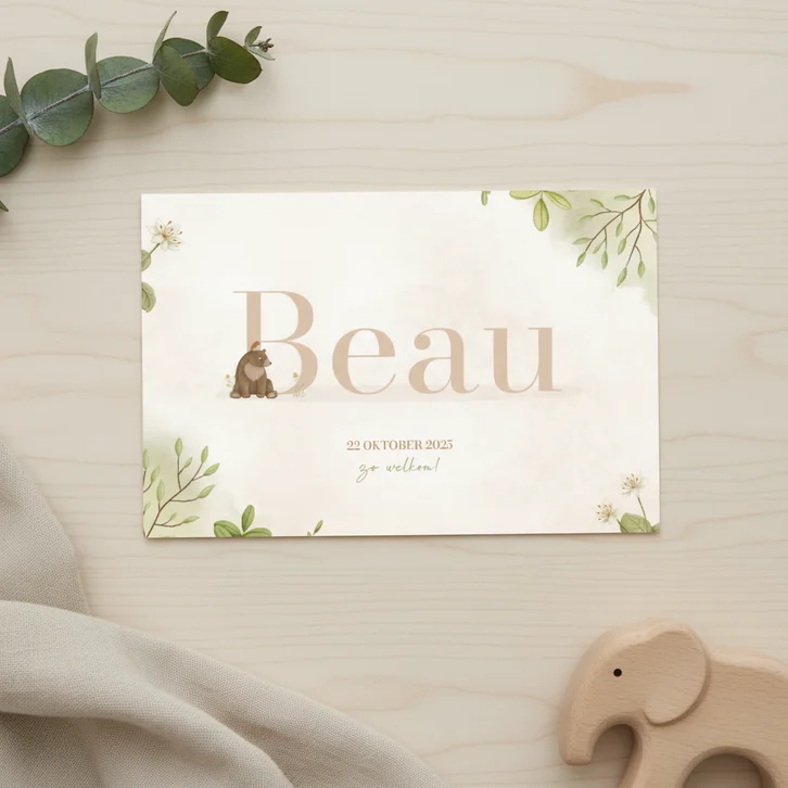 Lief geboortekaartje met dierenletter naam en waterverf