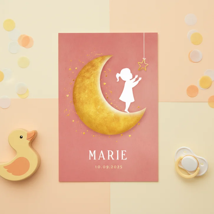 Lief geboortekaartje met een silhouet van meisje op een maan