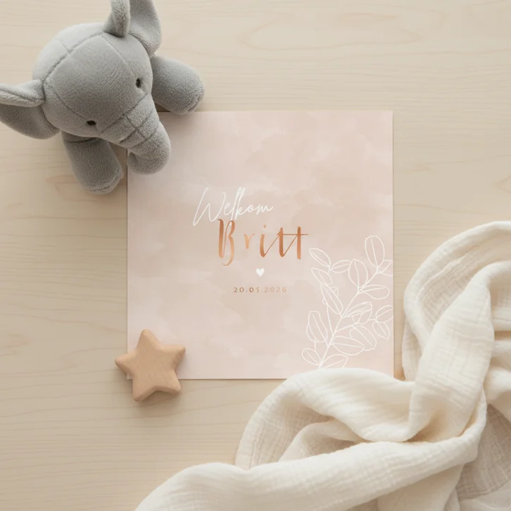 Lief geboortekaartje met eucalyptus takje en waterverf