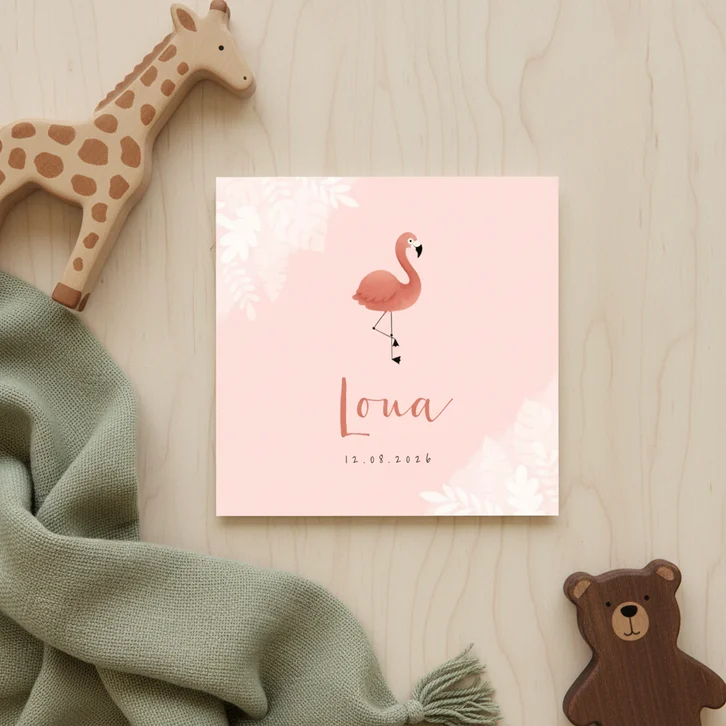 Lief geboortekaartje met flamingo, jungle en waterverf