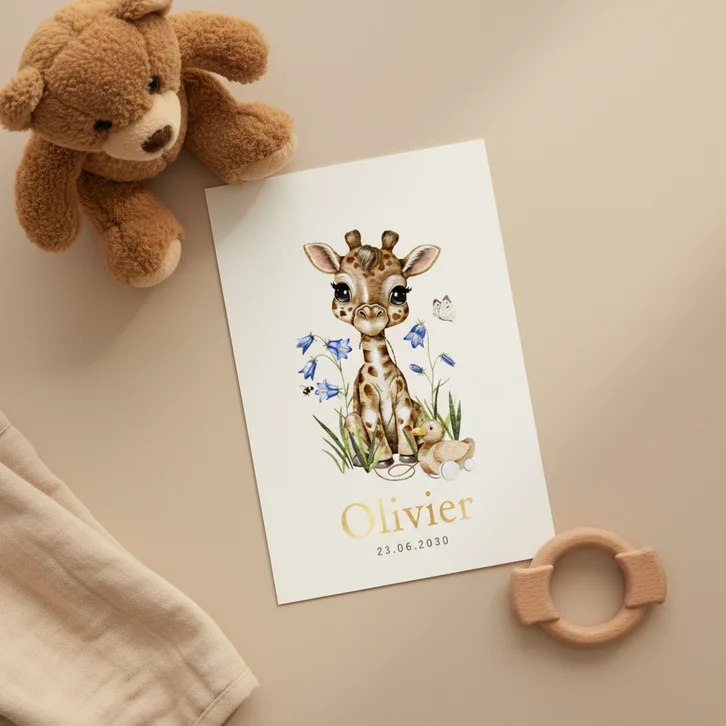 Lief geboortekaartje met giraffe, loopeend, bloemen, vlinder