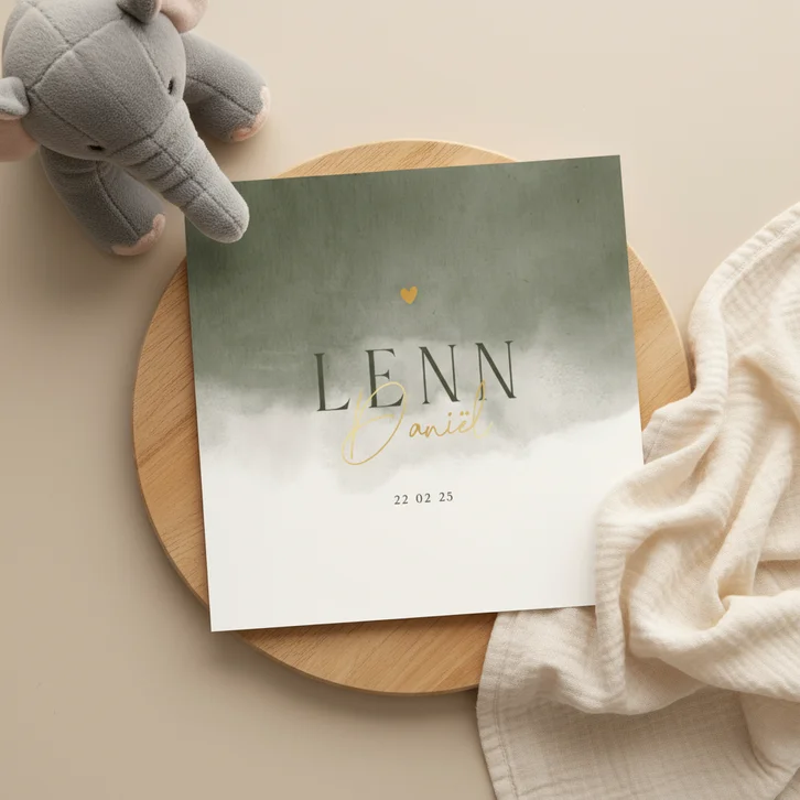 Lief geboortekaartje met groene waterverf en goudfolie