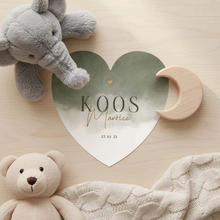 Lief geboortekaartje met groene waterverf in hartvorm