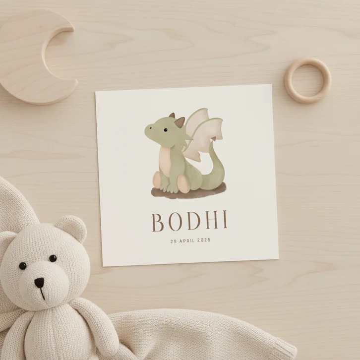 Lief geboortekaartje met illustratie groen draakje 