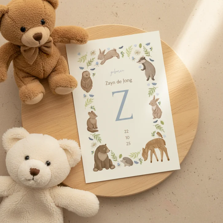 Lief geboortekaartje met kader van dieren en plantjes
