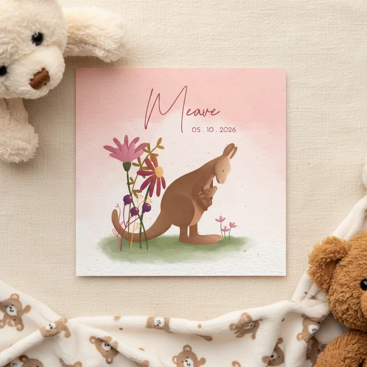 Lief geboortekaartje met kangoeroe en bloemen