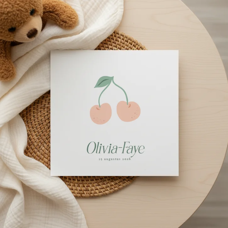 Lief geboortekaartje met kersjes wit en groen