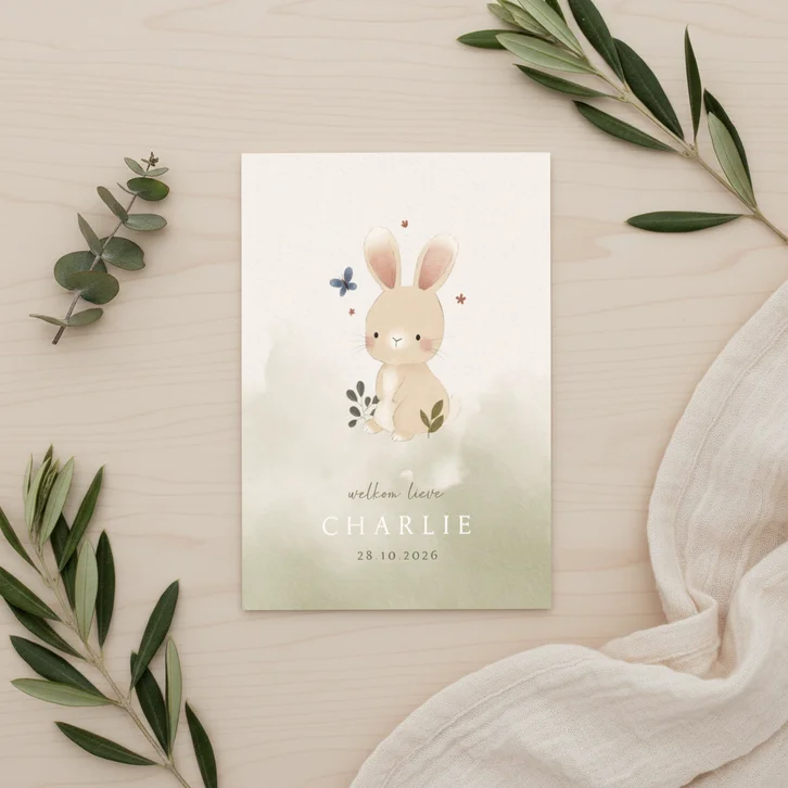 Lief geboortekaartje met konijn, plantjes en vlindertje