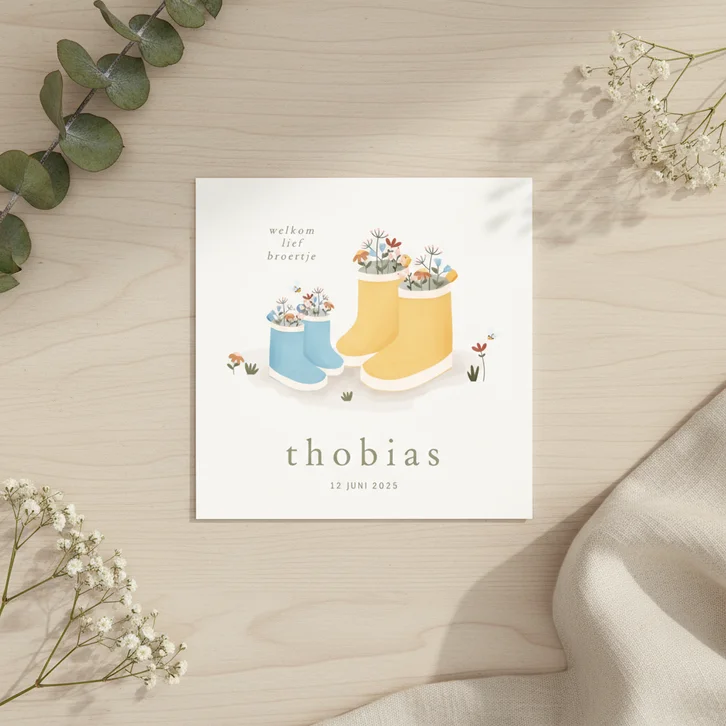 Lief geboortekaartje met laarsjes en bloemetjes broertje