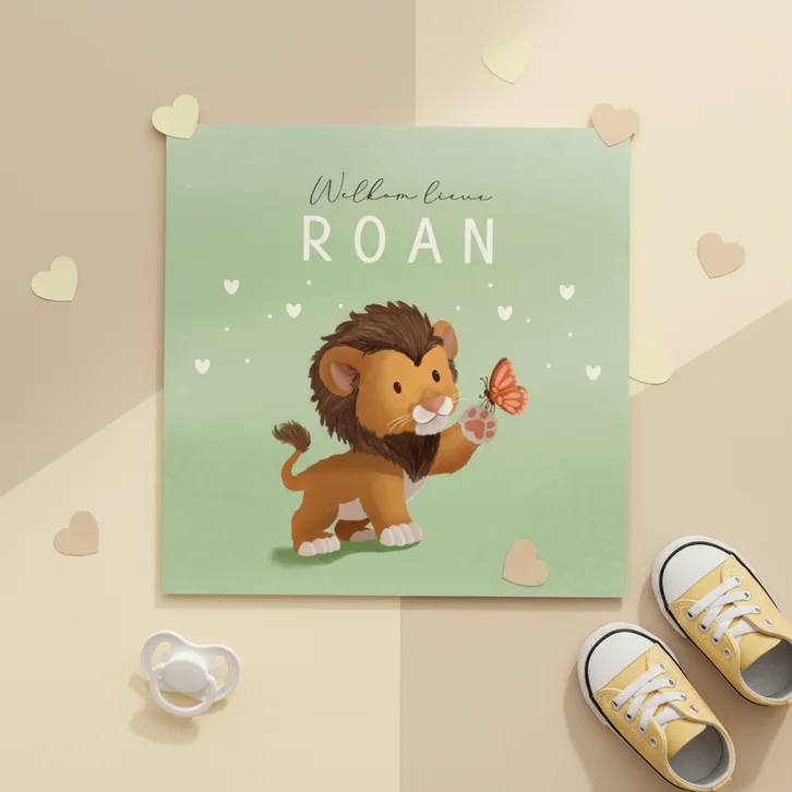 Lief geboortekaartje met leeuw en vlinder