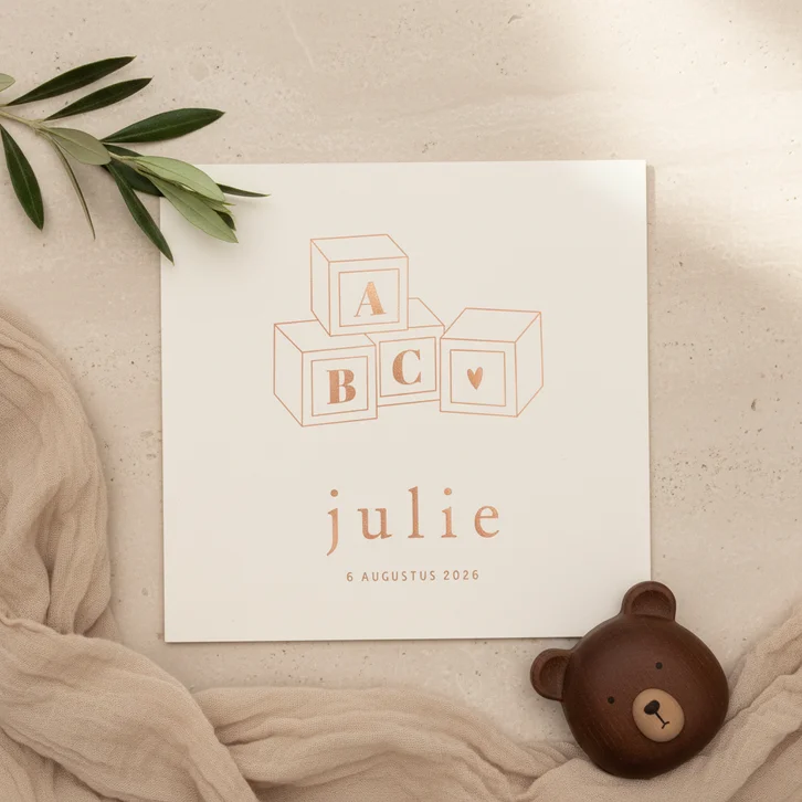 Lief geboortekaartje met lijntekening houten blok abc