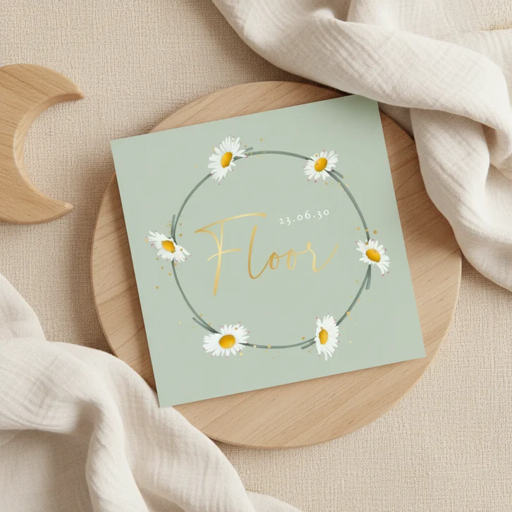 Lief geboortekaartje met madeliefjeskrans - kleur naar wens