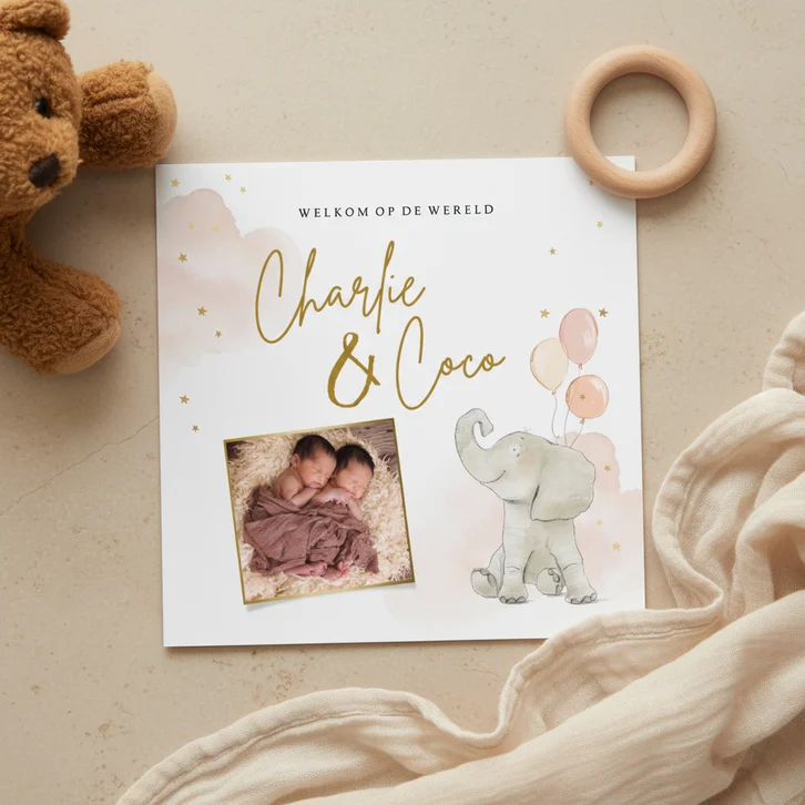 Lief geboortekaartje met olifantje ballonnen en foto