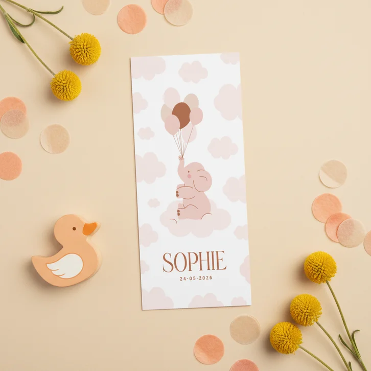 Lief geboortekaartje met olifantje en ballonnen wit roze