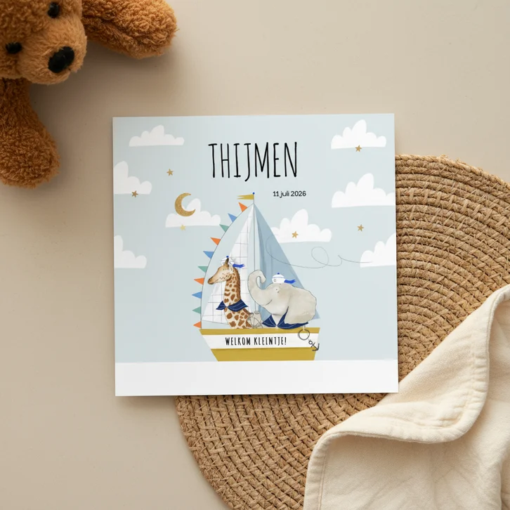 Lief geboortekaartje met olifantje en giraf in zeilboot