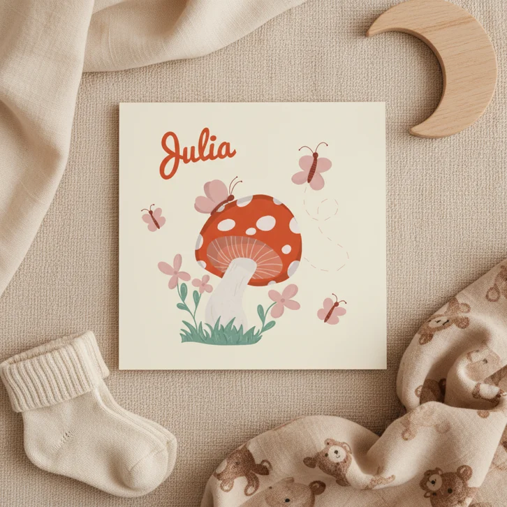 Lief geboortekaartje met paddestoel en vlindertjes rood roze