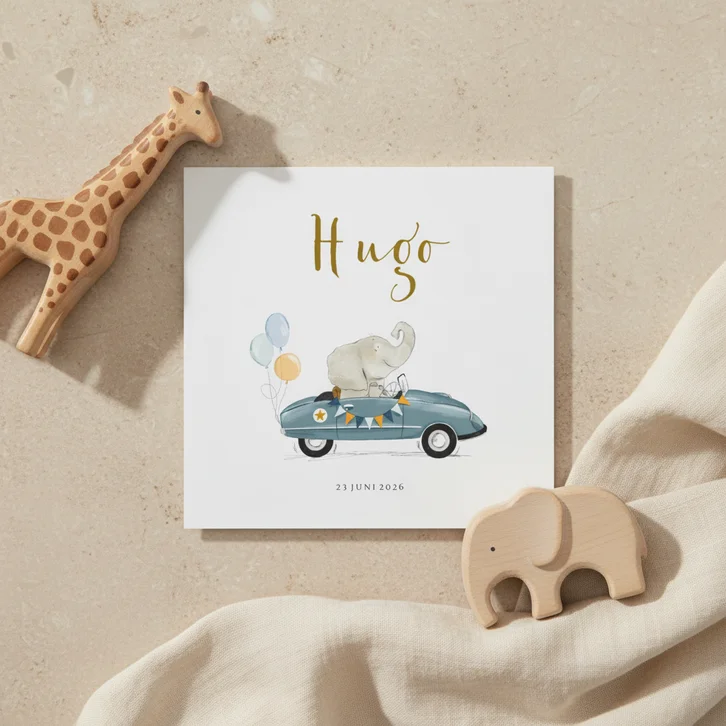 Lief geboortekaartje met retro trapauto en olifantje