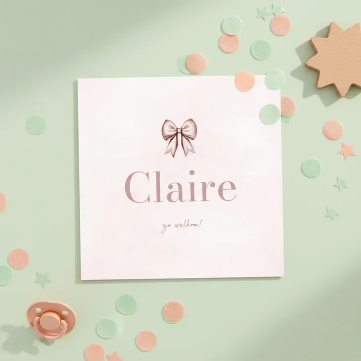 Lief geboortekaartje met roze strik waterverf