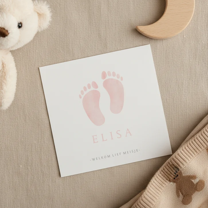 Lief geboortekaartje met roze waterverf baby voetjes