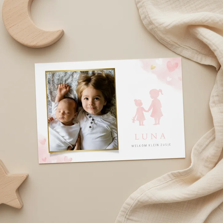 Lief geboortekaartje met silhouet 2 zusjes en eigen foto