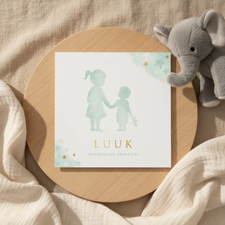 Lief geboortekaartje met silhouet van grote zus en broertje