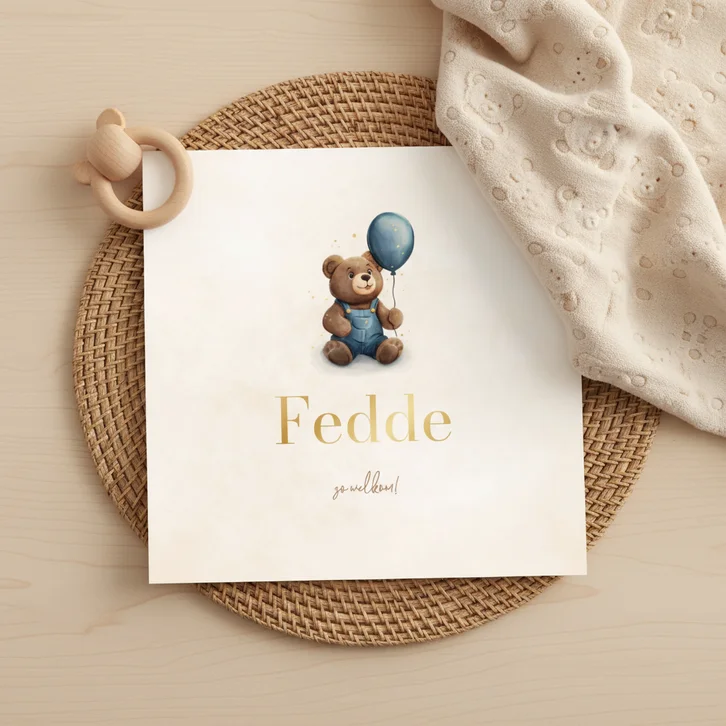 Lief geboortekaartje met teddybeer en blauwe ballon