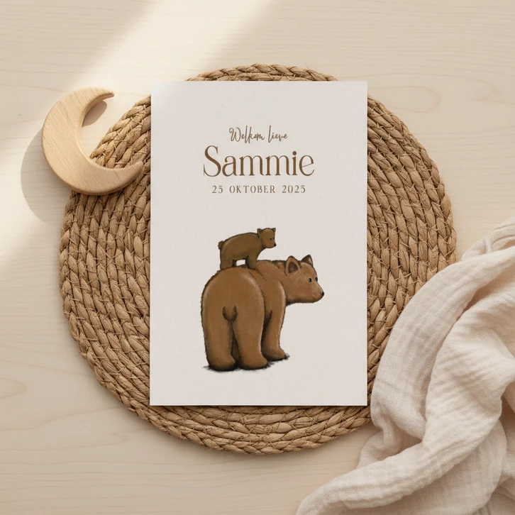 Lief geboortekaartje met tekening van 2 beren in bruintinten
