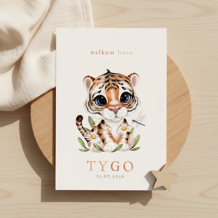 Lief geboortekaartje met tijgertje, bloemen en libelle
