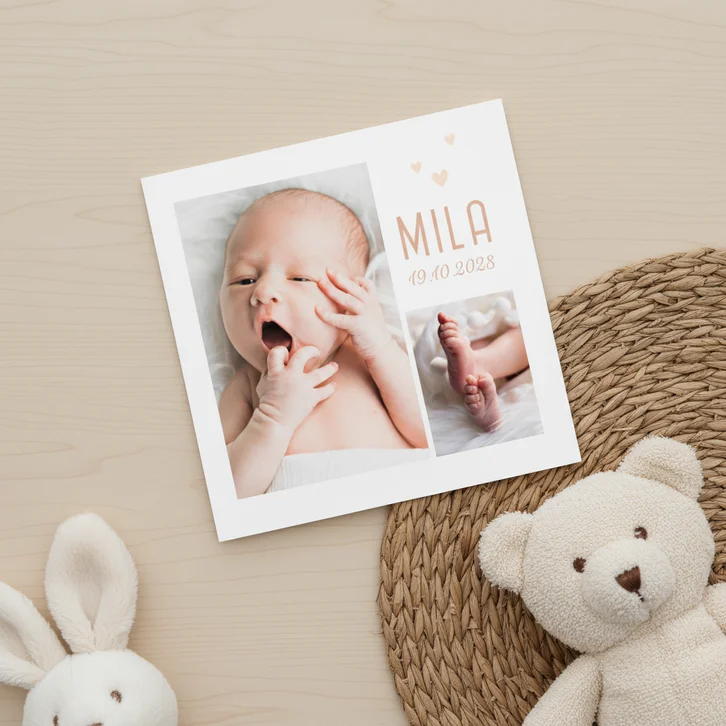 Lief geboortekaartje met twee foto's en hartjes