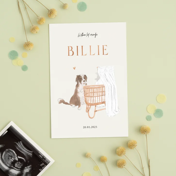 Lief geboortekaartje met vintage wieg en hond koperfolie