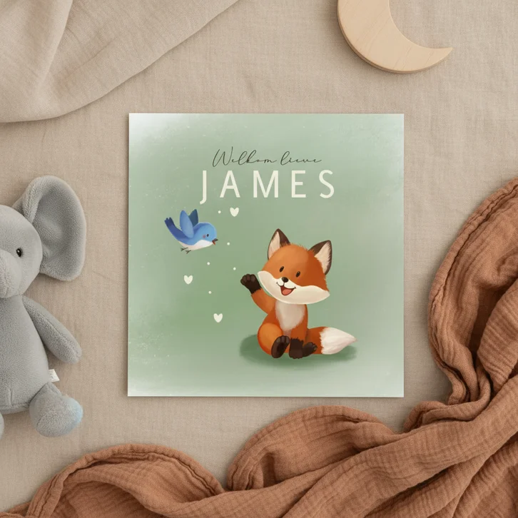 Lief geboortekaartje met vosje en vogel
