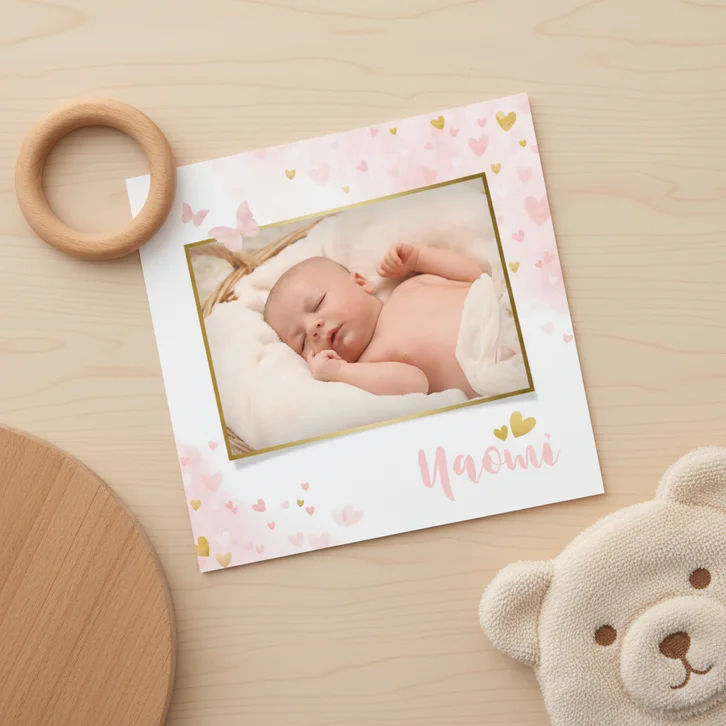 Lief geboortekaartje met waterverf hartjes, vlinders en foto
