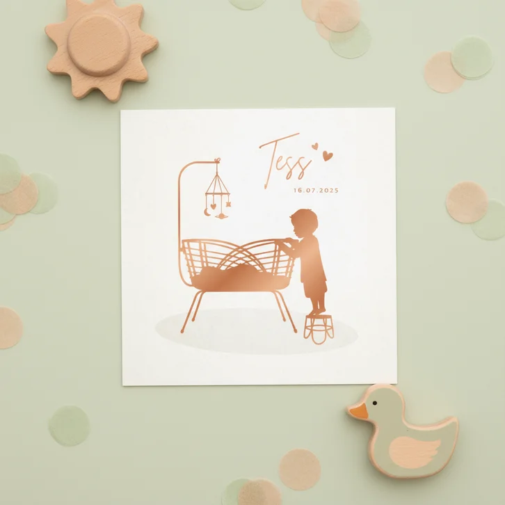 Lief geboortekaartje met wiegje silhouet grote broer