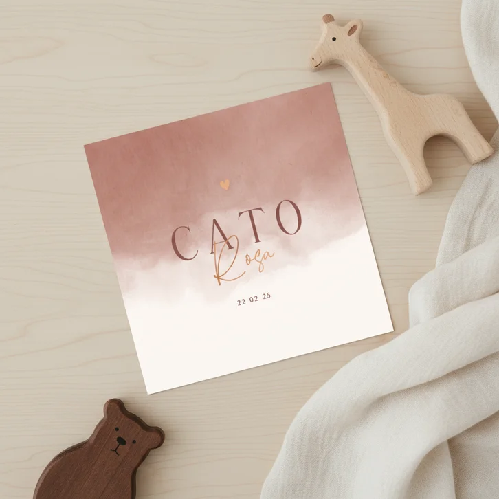 Lief geboortekaartje met zachtbruine waterverf en koperfolie