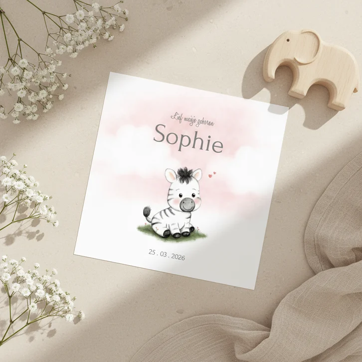 Lief geboortekaartje met zebra en roze wolken