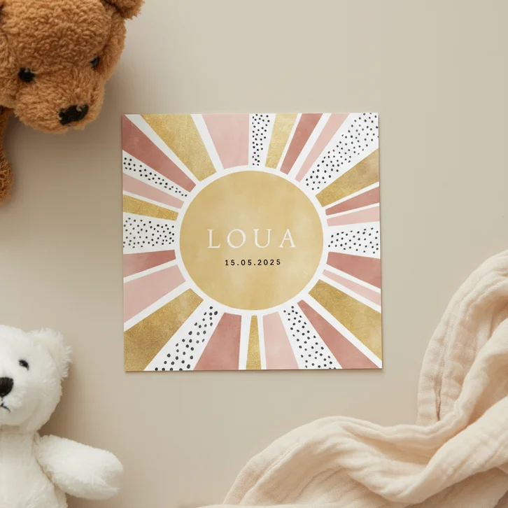 Lief geboortekaartje met zonnetje stipjes en goud