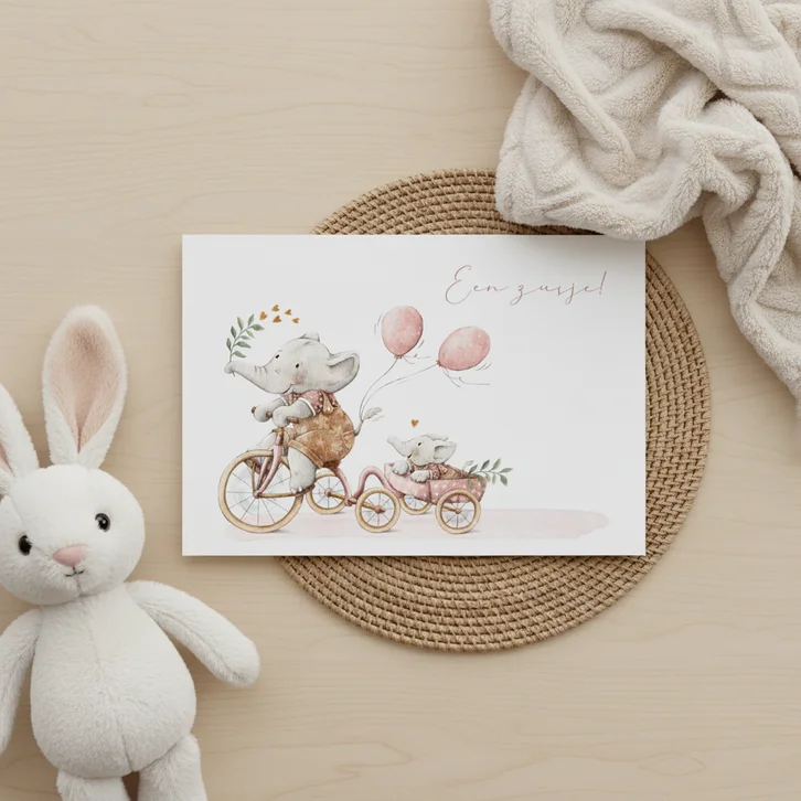 Lief geboortekaartje olifantjes zusjes samen op de fiets