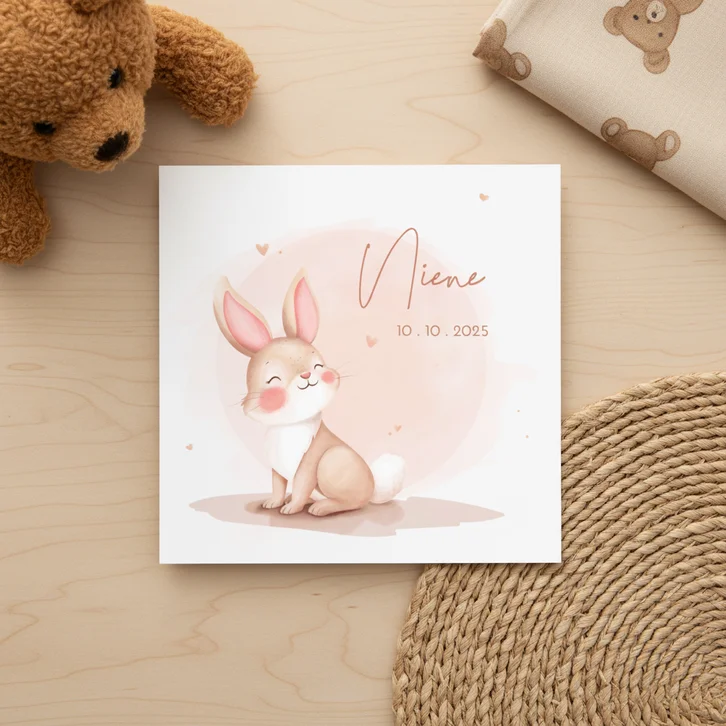 Lief geboortekaartje pastel aquarel illustratie konijntje